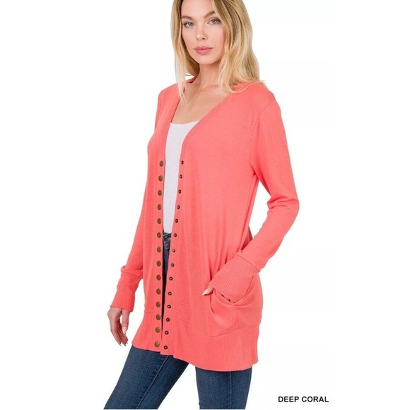 Zenana Snap Button Front Long Sleeve Cardigan Sweater Side Pockets Size S - Picture 1 of 2